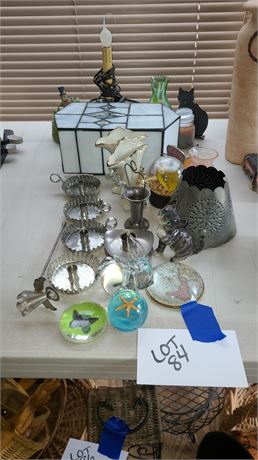 Home Decor Lot: Candle / Slag Light Cover / Paperweights & More