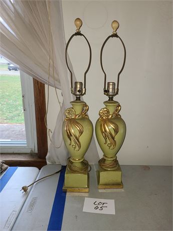 (2) MCM Lime Green & Gold Ceramic Table Lamps
