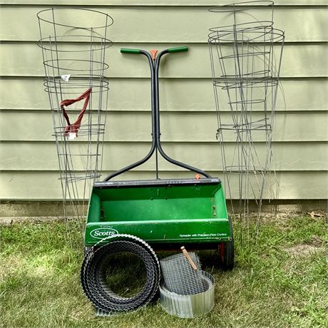 Vintage Scotts Spreader, Galvanized Metal/Aluminum Grass Stopper & Tomato Cages