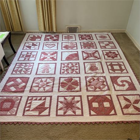 Vintage Hand Stitched Pink and White Quilt - Approximately 80 x 90"