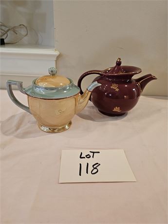 Hull Crimson Red "Windshield" Teapot & Vintage Lusterware Teapot