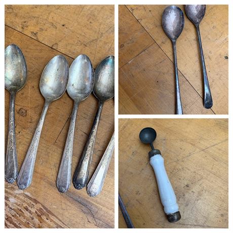 Vintage Silver Colored Spoon Lot Plymouth Teaspoons Serving Spoons Melon Baller