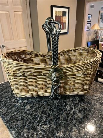 Vintage Maitland Smith Wicker Reed Basket With Rod Iron Roping, Glass Beads