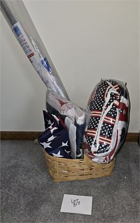 Basket Full of Mixed Patriotic Flags, Throw Blanket & More
