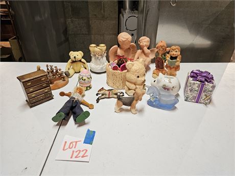 Large Mixed Figurine & Small Toy Lot: Piggy Bank/Angels/Candles & More