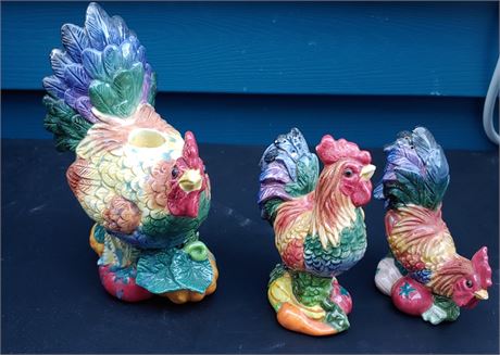 Fitz & Floyd Ceramic Rooster S&P Shakers w/Candle Holder
