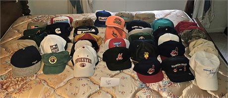 Basket Full Of Mixed Men's Caps- Camp, Hunting/Fishing, Indians, Advertising & M