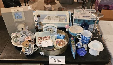 Mixed Home Decor Lot- Blue Theme: Trays, Wall Pocket, Bears, Glass & More