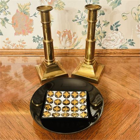 Solid Brass Candlesticks and Small Decorative Plates or Trinket Holders