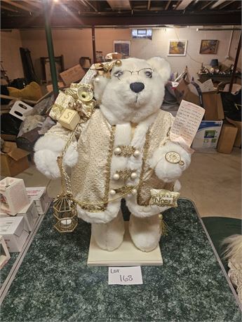 Vintage Style White Old World Noel Bear- Features Santa List, Pocket Watch With
