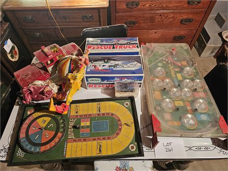 Mixed Toy Lot: Auto Race/Hess Trucks/Replay Pinball/Nylint Truck & More