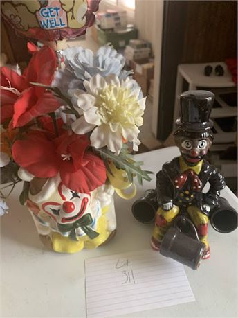 Clown Planter With Flowers & Brown Clown Bottle Figurine W/Hanging Brown Mugs