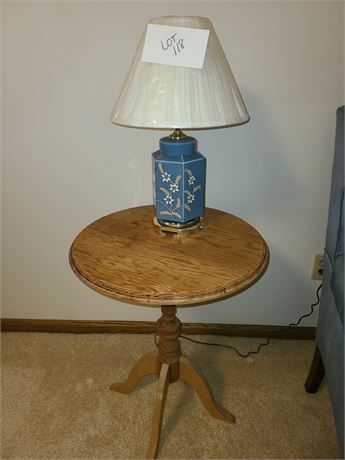 Wood Round Side Table & Blue Floral Lamp