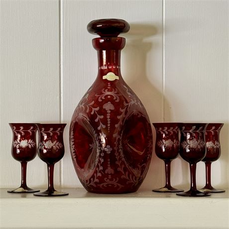 Engberg & Co. Ruby Red Cut to Clear Bohemian Pinched Decanter Set of 6