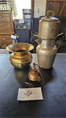 BRASS SPITTOON, OIL CAN, KITCHEN CRAFT ALUMINUM PITCHER