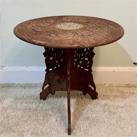 Intricate Carved Wood Folding Accent Table or Plant Stand - 15 x 12"T