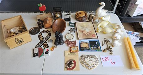 Mixed Decor Lot : Duck Figurines / Carved Wood Box & Bowl + More