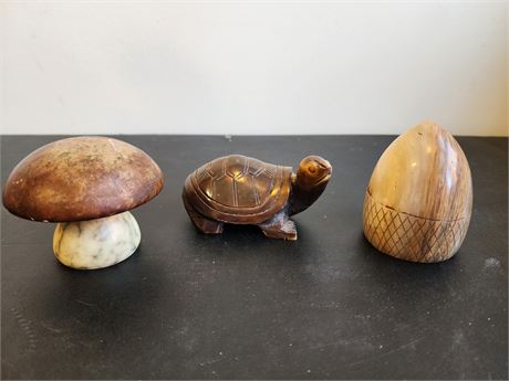 Hand Carved Marble/Soap Stone Figures-Turtle/Egg & Mushroom