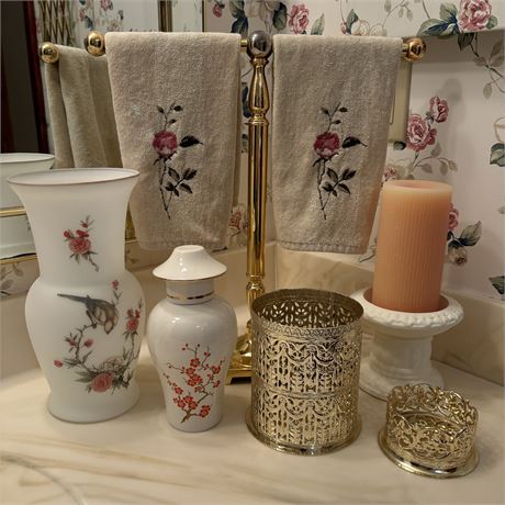 Coordinated Powder Room Decor - Candle Holders, Glass Vase, Towel Bar, Etc.