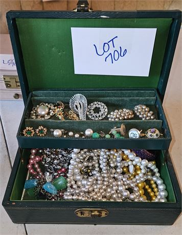 Vintage Jewelry Box w/ Mixed Costume Jewelry, Necklaces, Bracelets Earrings