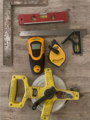 Measuring Tool Lot - Cloth Tape, Stud Finder, Level, Square