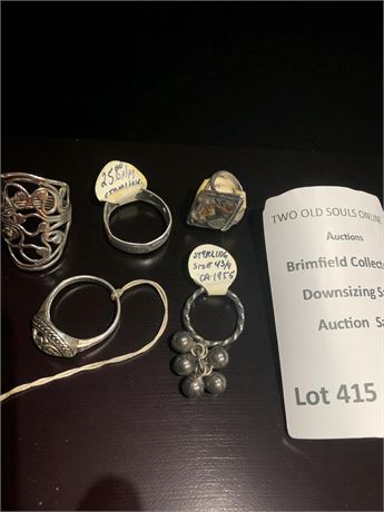 Sterling Silver Ring Lot - Jingle Bell Charm Ring, Kite Shaped Moss Agate & More