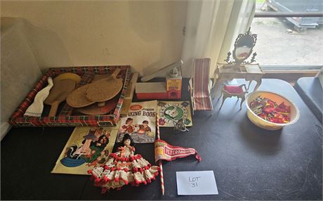 Large Tote of Mixed Vintage Toy's- Play-Doh, Doll Furniture, Coloring Books, Dol