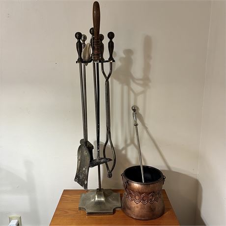 Fireplace Tools and Decorative Copper Colored Ash Bucket & Stand