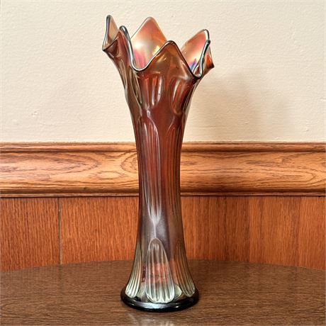 Fenton Iridized Amethyst Carnival Glass Fluted Vase - 10.75"T