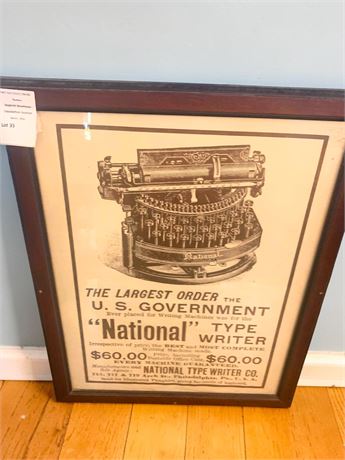 Antique Framed Advertisement Poster For National Typewriter Company