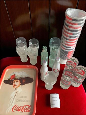 Coca Cola Collectibles Lot - Drinking Glasses, Metal Tray, Bottles, Plastic Cups