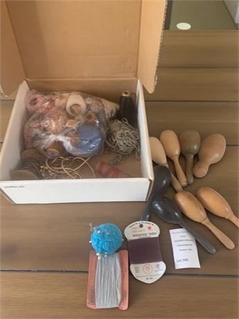 Wooden Darning Eggs, Skein of Yarn, Spool of Dark Red Mending Yarn & More