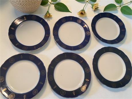 Cobalt Blue & Gold Enamel Christmas Plate Set of 6