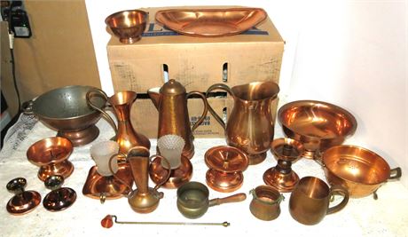 Assorted Copper Pitchers, Bowls, Candleholders