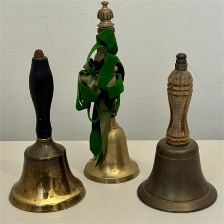 Old Brass School Bells with Wooden Handles