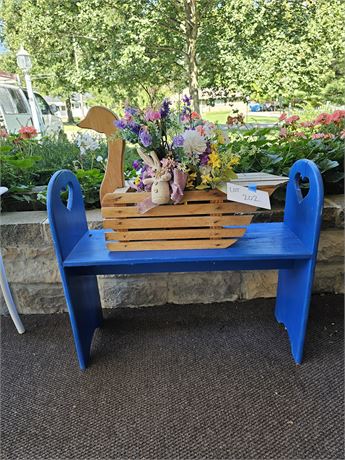 Bingo Blue Painted Wood Heart Bench & Wood Slatted Goose with Floral Display