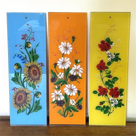 Set of 3 Hand Painted Floral Glass Panels - 15.25"H