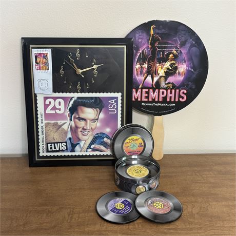 Elvis Postage Stamp Wall Clock, Record Coasters and Souvenir Fan