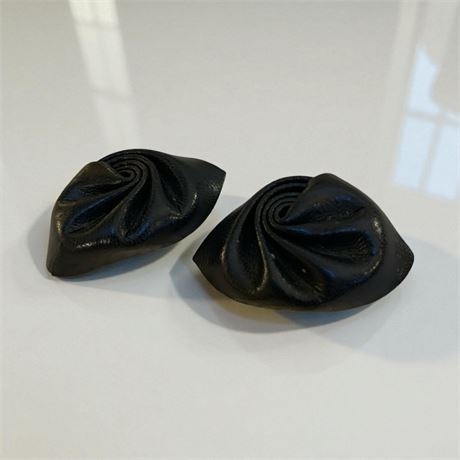 Vintage Large Black Leather Ruched Flower Clip On Earrings