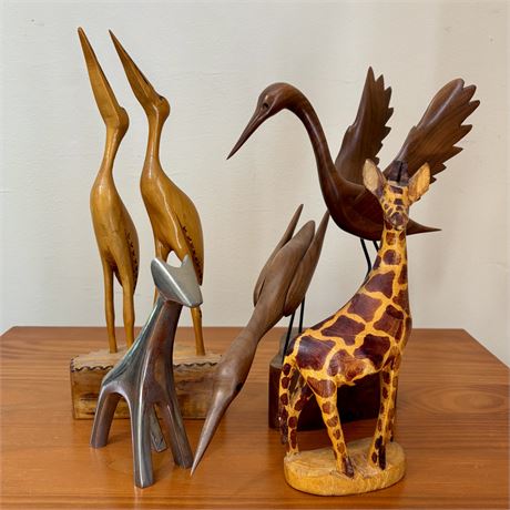 Carved Wood and Metal Crane Bird and Giraffe Sculptures (12" tallest)