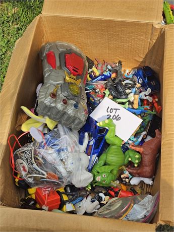 Large Box Of Mixed Action Figures, Dolls, Cars, Buttons & More