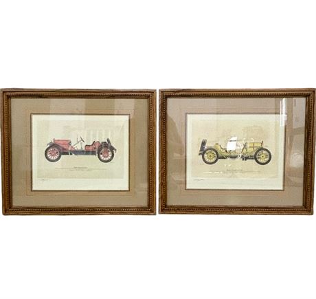 Signed Kenneth Chapman Antique Car Colored Lithographs - Set of 2