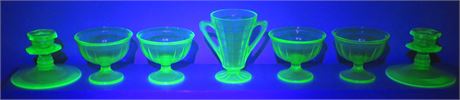 Depression Uranium Glass Dishes, Candleholders