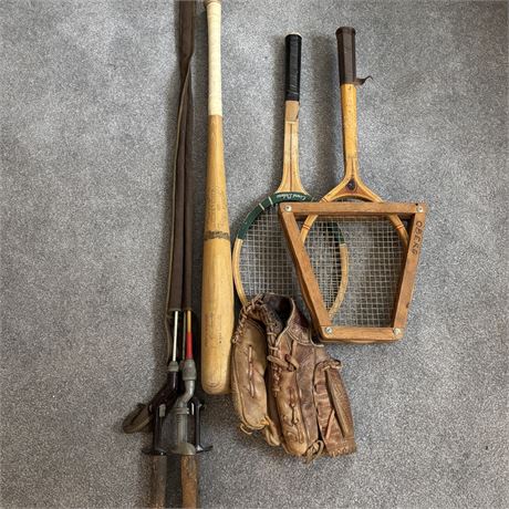 Vintage Sporting Goods - Rackets, Poles, Bat & Glove