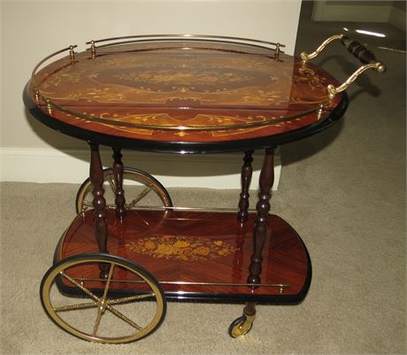 Vintage Italian Marquetry Inlaid Wood Tea Cart With Drop Leaf Sides.