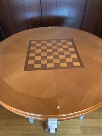 Round Oak Poker/Chess Table, Wooden Built In Cup Holders, 4 Wooden Chairs