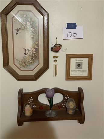 Margie Morrow Wood Framed Hummingbird Art, Wood Curio Shelf With Heart Cutout