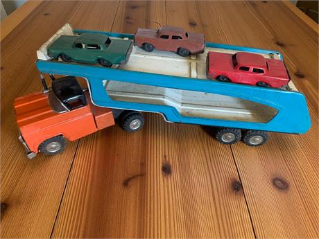 Marx Linemar Metal Toy Car Hauler W/Three Metal Friction Cars
