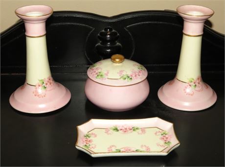 Limoges Candle Holders, Powder Jar, Tray