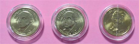 Presidential Dollar Coins: 2 George Washington, 1 Abraham Lincoln